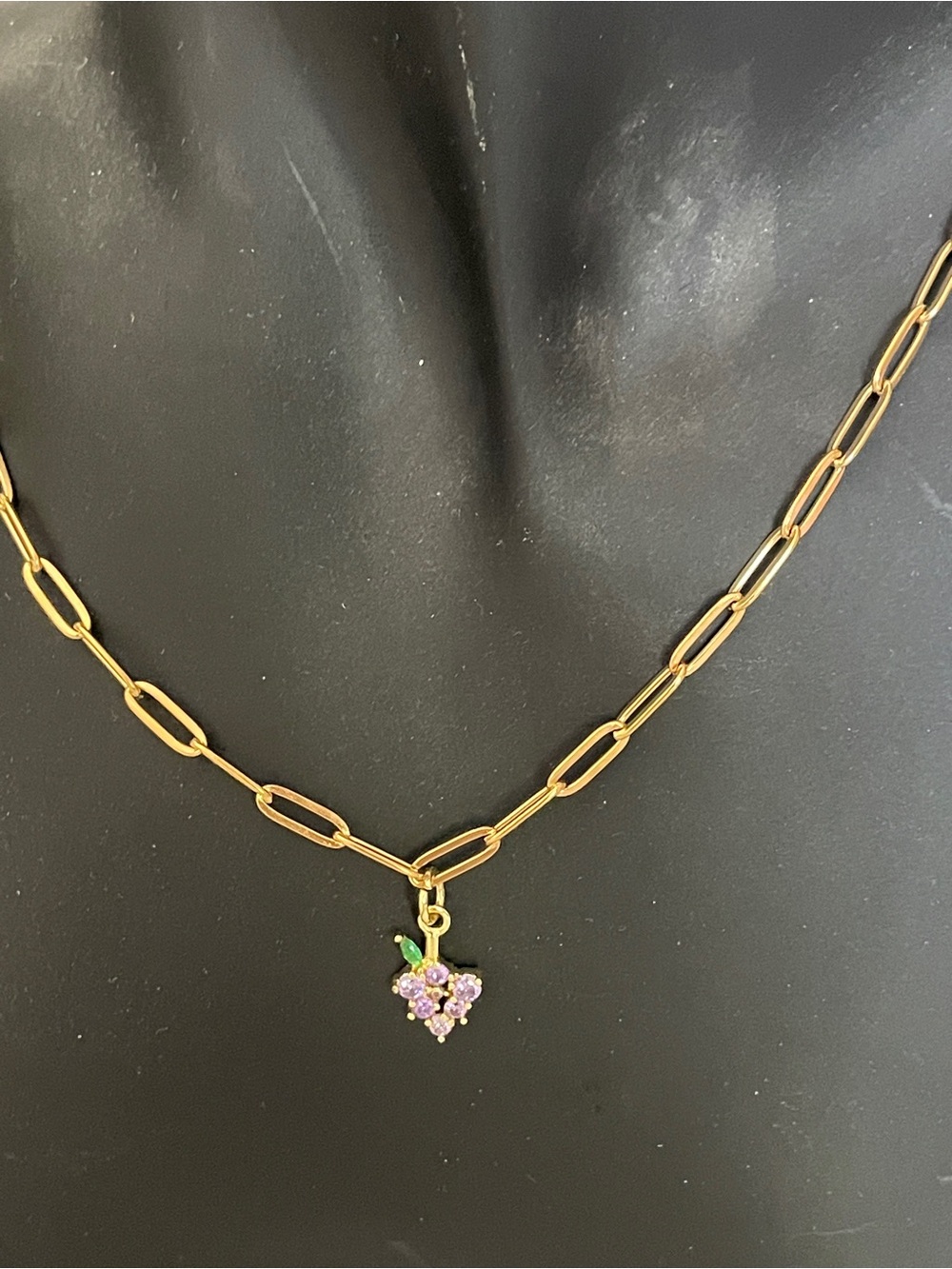 Gold Paperclip Chain Necklace with Purple Grapes Charm - Waterproof